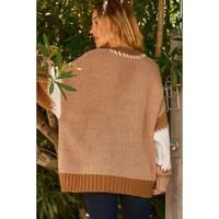 Light French Beige Color Block Contrast Stitch Oversized Sweater - M