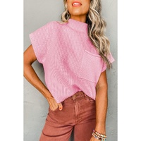 Pink Patch Pocket Ribbed Knit Short Sleeve Sweater - 2XL