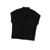 Black Patch Pocket Ribbed Knit Short Sleeve Sweater - XL