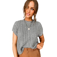 Gray Crew Neck Cable Knit Short Sleeve Sweater - XL