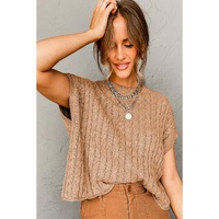 Light French Beige Crew Neck Cable Knit Short Sleeve Sweater - L