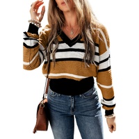 Brown Stripe Contrast Stripes V Neck Textured Knit Sweater - L