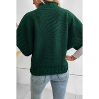 Blackish Green Mock Neck Batwing Short Sleeve Knit Sweater - L