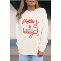 White Striped Merry Bright Letter Christmas Sweater - XL