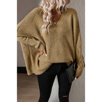 Camel Checkered Textured Batwing Sleeve Sweater - L