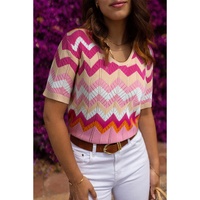 Pink Stripe Chevron Pointelle Knit V Neck Short Sleeve Sweater - L