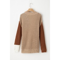 Khaki Mix Textured Knit Colorblock Patchwork Sweater - L