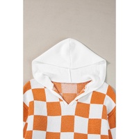 Gold Flame Checkered Split Neck Contrast Kangaroo Pocket Hooded Sweater - L