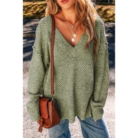 Jungle Green Loose Eyelet V Neck Drop Shoulder Sweater - L