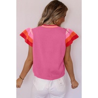 Bright Pink Contrast Flutter Sleeves Knitted Sweater T Shirt - M