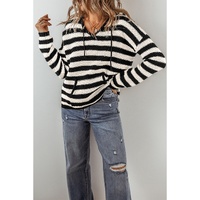 White Stripe V Neck Pocketed Drawstring Hooded Sweater - L