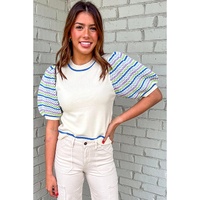 White Crochet Striped Bubble Sleeve Knit Sweater - S
