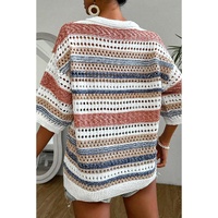 Multicolour Striped Hollow Out Half Sleeve Knitted Sweater - L