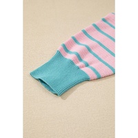 Pink Stripe Trimmed Round Neck Drop Shoulder Loose Sweater - XL