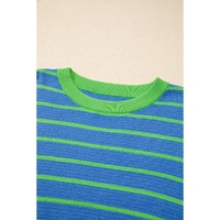 Sky Blue Stripe Trimmed Round Neck Drop Shoulder Loose Sweater - L
