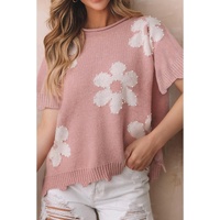 Light Pink Pearled Flower Distressed Edge Sweater T Shirt - L