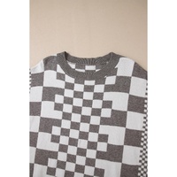 Gray Checkered Print Drop Shoulder Round Neck Sweater - L