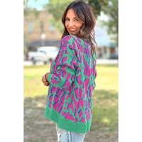 Green Abstract Print Ribbed Trim Baggy Sweater - S