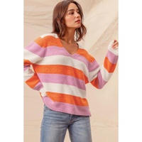 Orange Stripe Colorblock V Neck Casual Sweater - L
