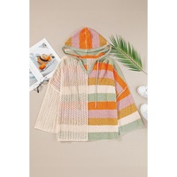 Beige Oversized Colorblock V Neck Hooded Sweater - L