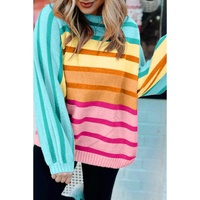 Yellow Stripe Gradient Striped Ribbed Edge Loose Sweater - L
