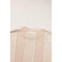 Pale Khaki Solid Color Cable Knit Ribbed Loose Sweater - L