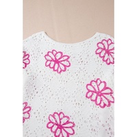 White Contrast Flower Print Eyelet Drop Shoulder Sweater - XL