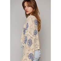 Beige Contrast Flower Print Eyelet Drop Shoulder Sweater - M