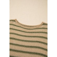 Khaki Stripe Drop Shoulder Casual Sweater - L