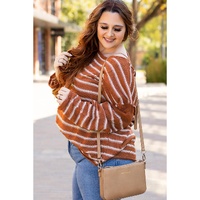 Brown Stripe Drop Shoulder Casual Sweater - L