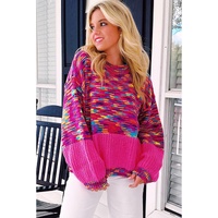 Bright Pink Rainbow Confetti Drop Shoulder Sweater - L