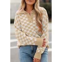 Apricot Checkered Buttons Collar V Neck Drop Shoulder Sweater - L