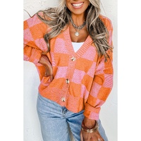 Orange Checkered Drop Shoulder Buttoned V Neck Cardigan - XL