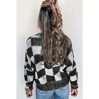 Black Checkered Drop Shoulder Buttoned V Neck Cardigan - XL