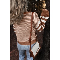 Brown Stripe Geometric Textured Drop Shoulder Sweater - 2XL