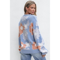 Beau Blue Floral O Neck Drop Shoulder Knitted Sweater - XL