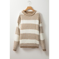 Brown Stripe Drop Shoulder Round Neck Loose Sweater - L