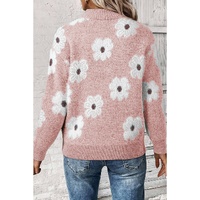 Pink Floral Pattern Half Zip Drop Shoulder Sweater - L