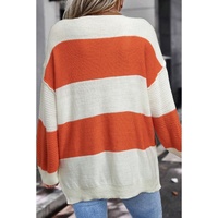 Orange Stripe Loose Color Block Drop Shoulder Bubble Sleeve Sweater - L