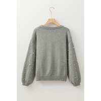 Light Grey Pearled Drop Shoulder Round Neck Sweater - L