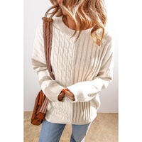 Khaki Cable Knit Colorblock Crew Neck Drop Shoulder Sweater - L