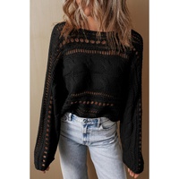 Black Hollow-out Cable Knit Cropped Sweater - XL