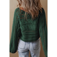 Blackish Green Hollow-out Cable Knit Cropped Sweater - XL