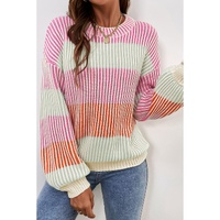 Pink Colorblock Textured Knit Bubble Sleeve Sweater - L