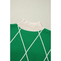 Dark Green Diamond Pattern Pom Accents Contrast Trim High Neck Sweater - S