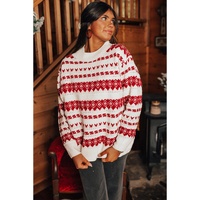 White Western Geometric Patterned Crew Neck Loose Sweater - L