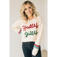 Beige Tinsel Holly Jolly Graphic Classic Sweater - M