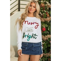 White Tinsel Merry and Bright Graphic Christmas Sweater - S