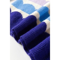 Dark Blue Wave Striped Balloon Sleeve Drop Shoulder Sweater - L