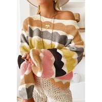 Yellow Wave Striped Balloon Sleeve Drop Shoulder Sweater - L
